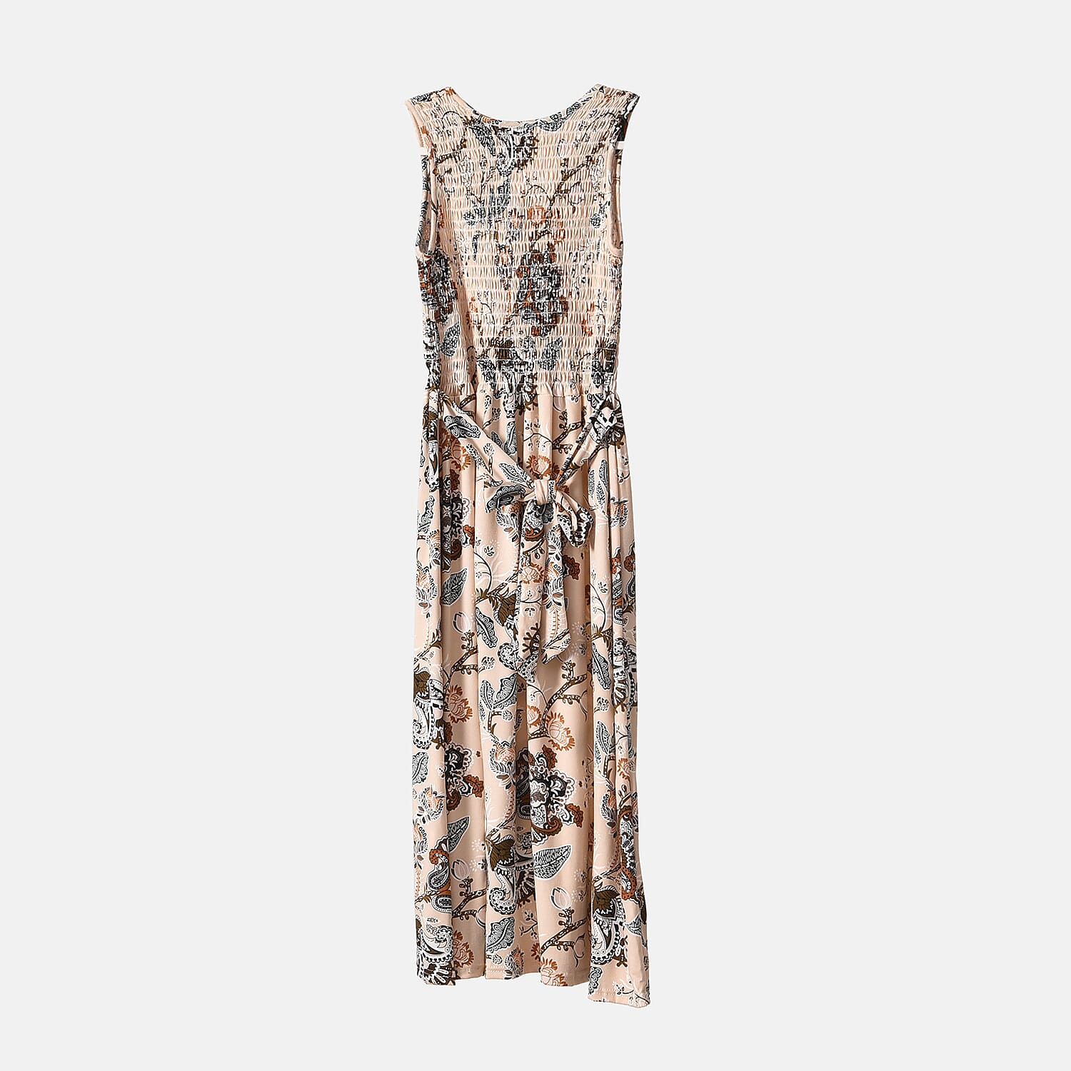 Beige Floral Smocked Sleeveless Double Knit Dress with Waist Tie - One Size Fits Most