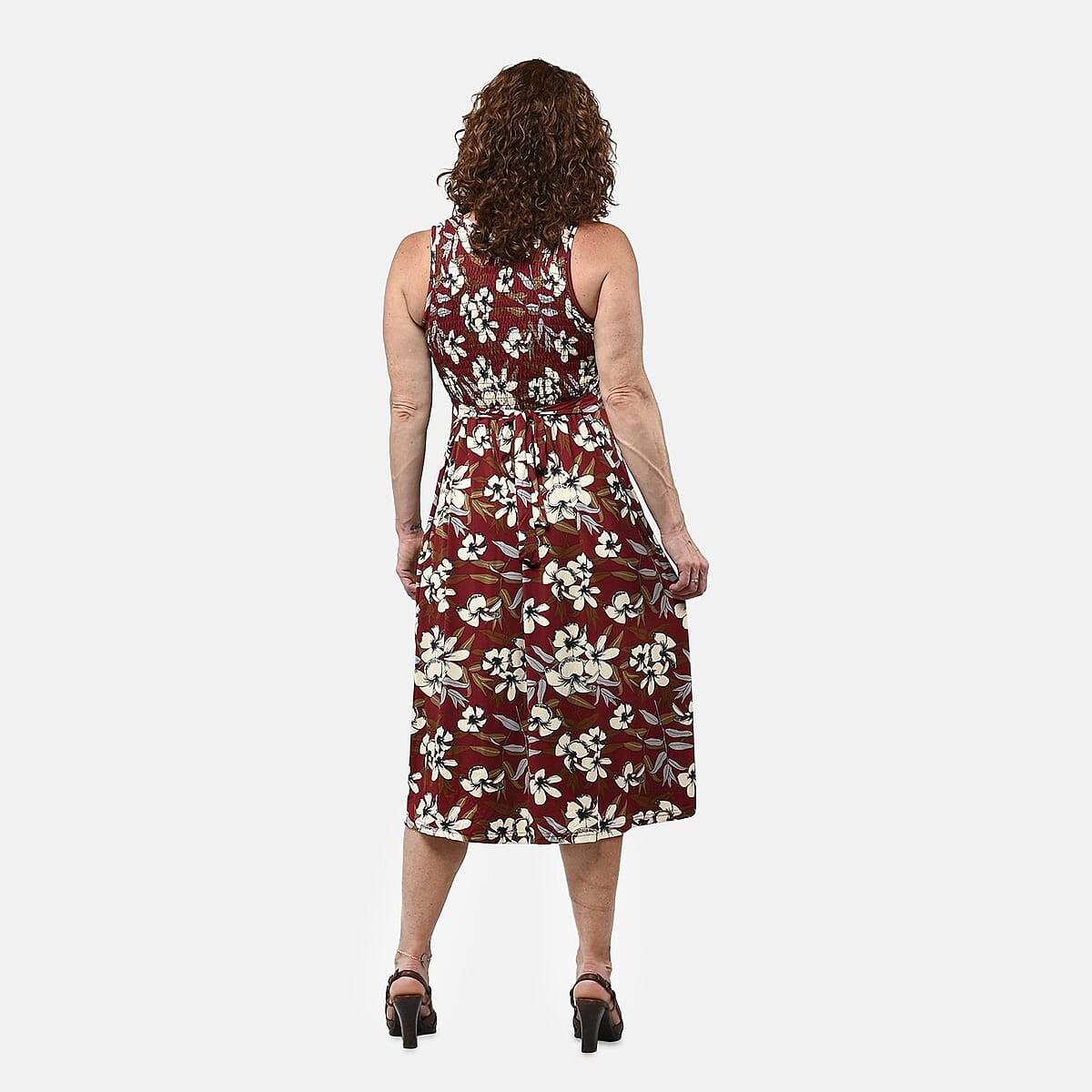 Maroon Floral Smocked Sleeveless Double Knit Dress with Waist Tie - One Size Fits Most image number 1