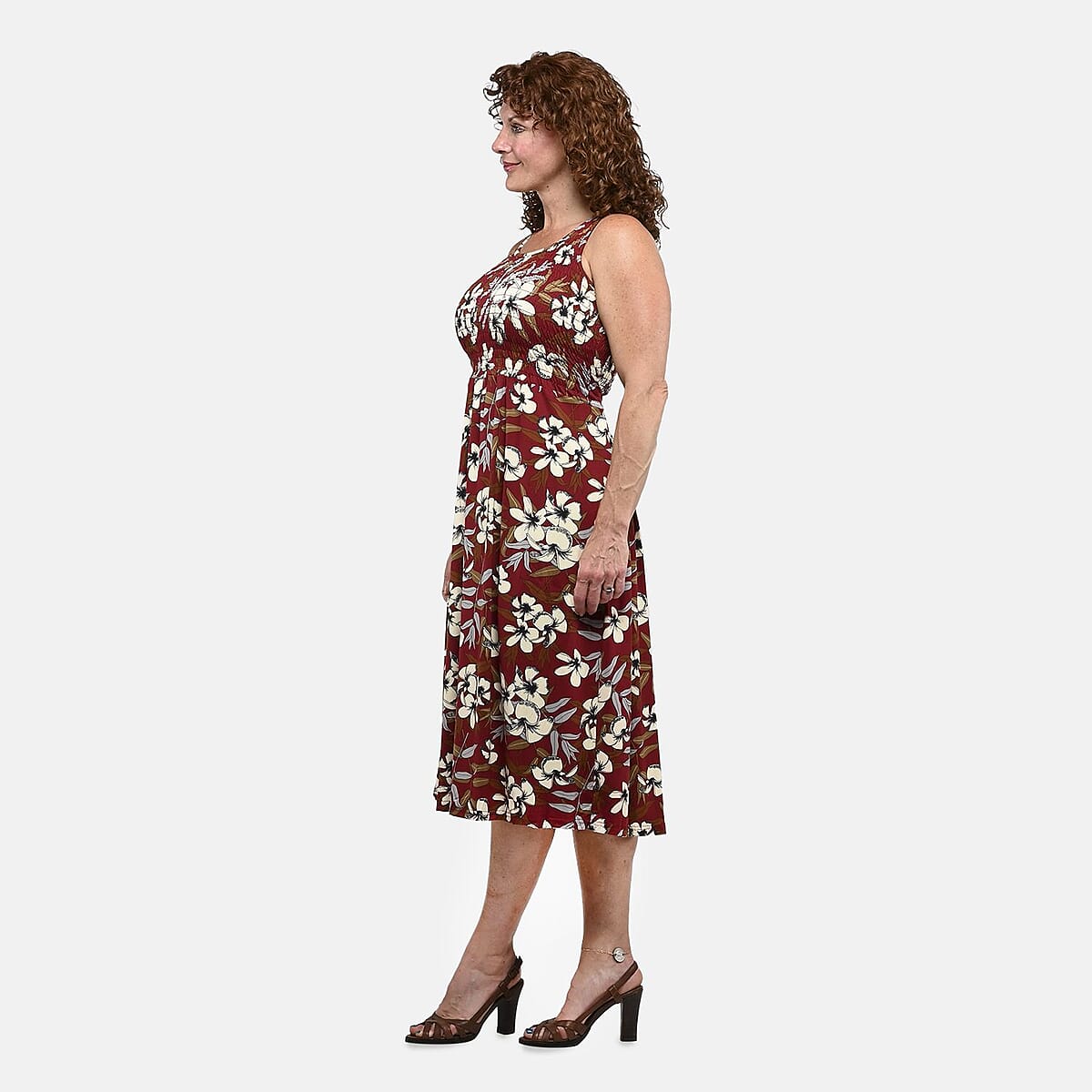 Maroon Floral Smocked Sleeveless Double Knit Dress with Waist Tie - One Size Fits Most image number 2