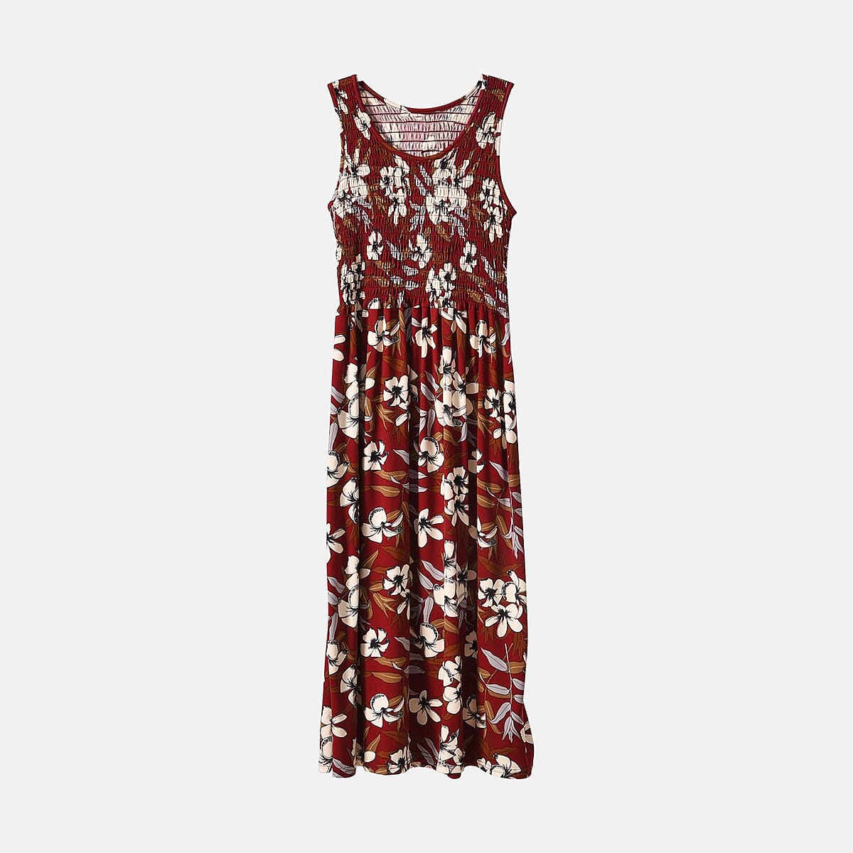 Maroon Floral Smocked Sleeveless Double Knit Dress with Waist Tie - One Size Fits Most image number 4