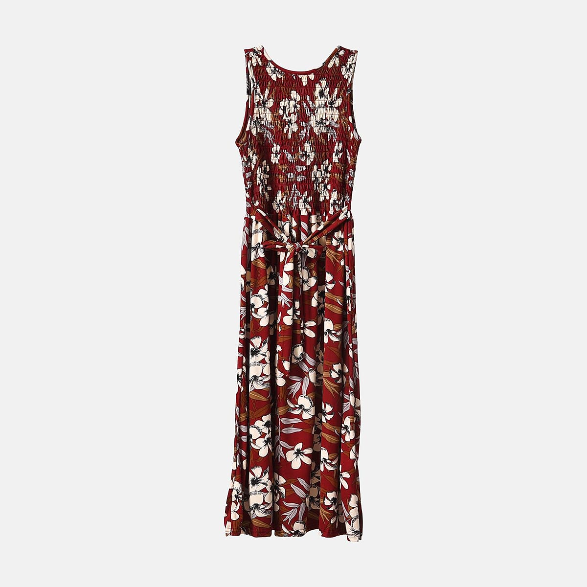 Maroon Floral Smocked Sleeveless Double Knit Dress with Waist Tie - One Size Fits Most image number 5