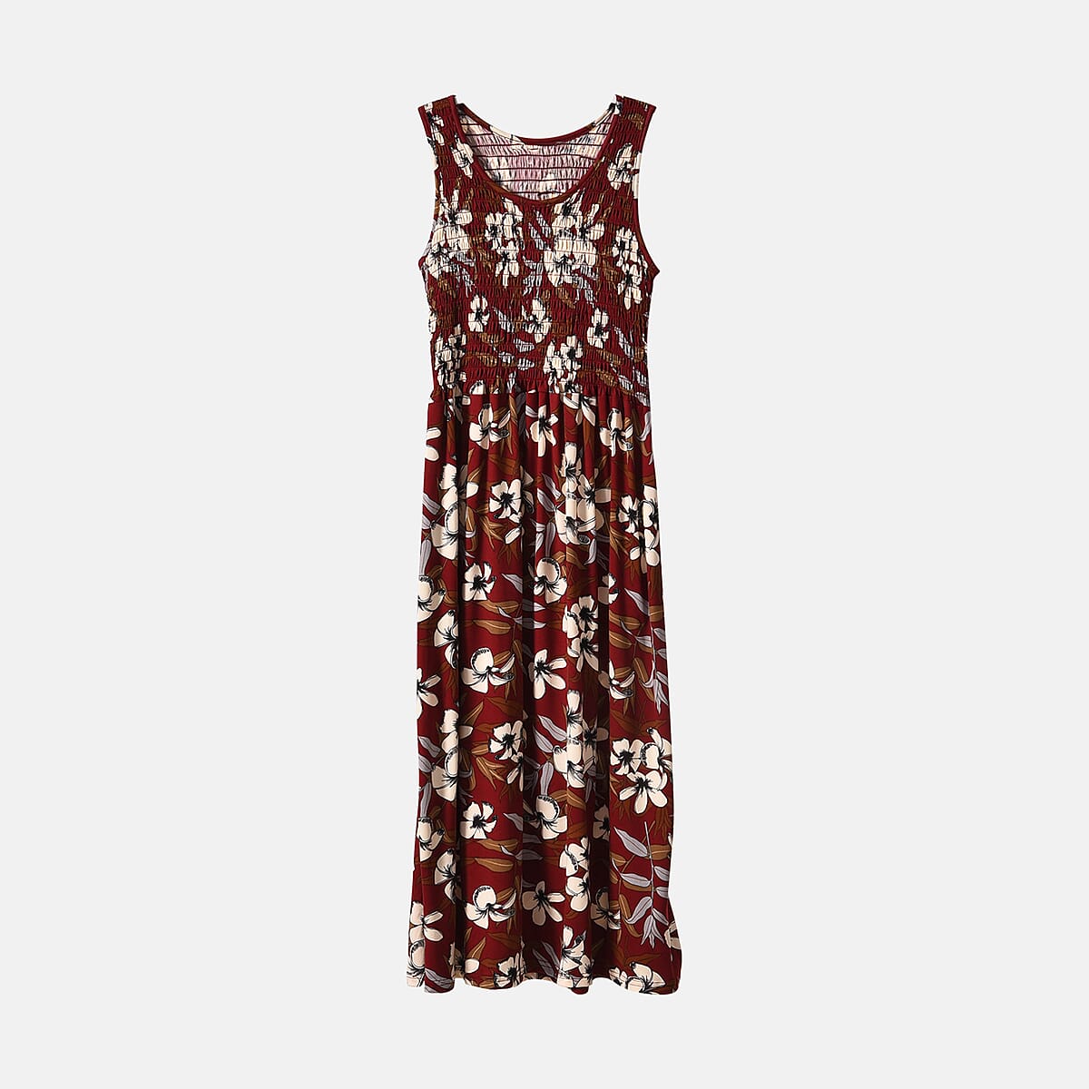 Maroon Floral Smocked Sleeveless Double Knit Dress with Waist Tie - One Size Fits Most image number 6