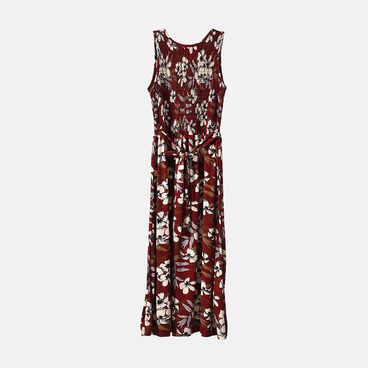 Maroon Floral Smocked Sleeveless Double Knit Dress with Waist Tie - One Size Fits Most image number 7