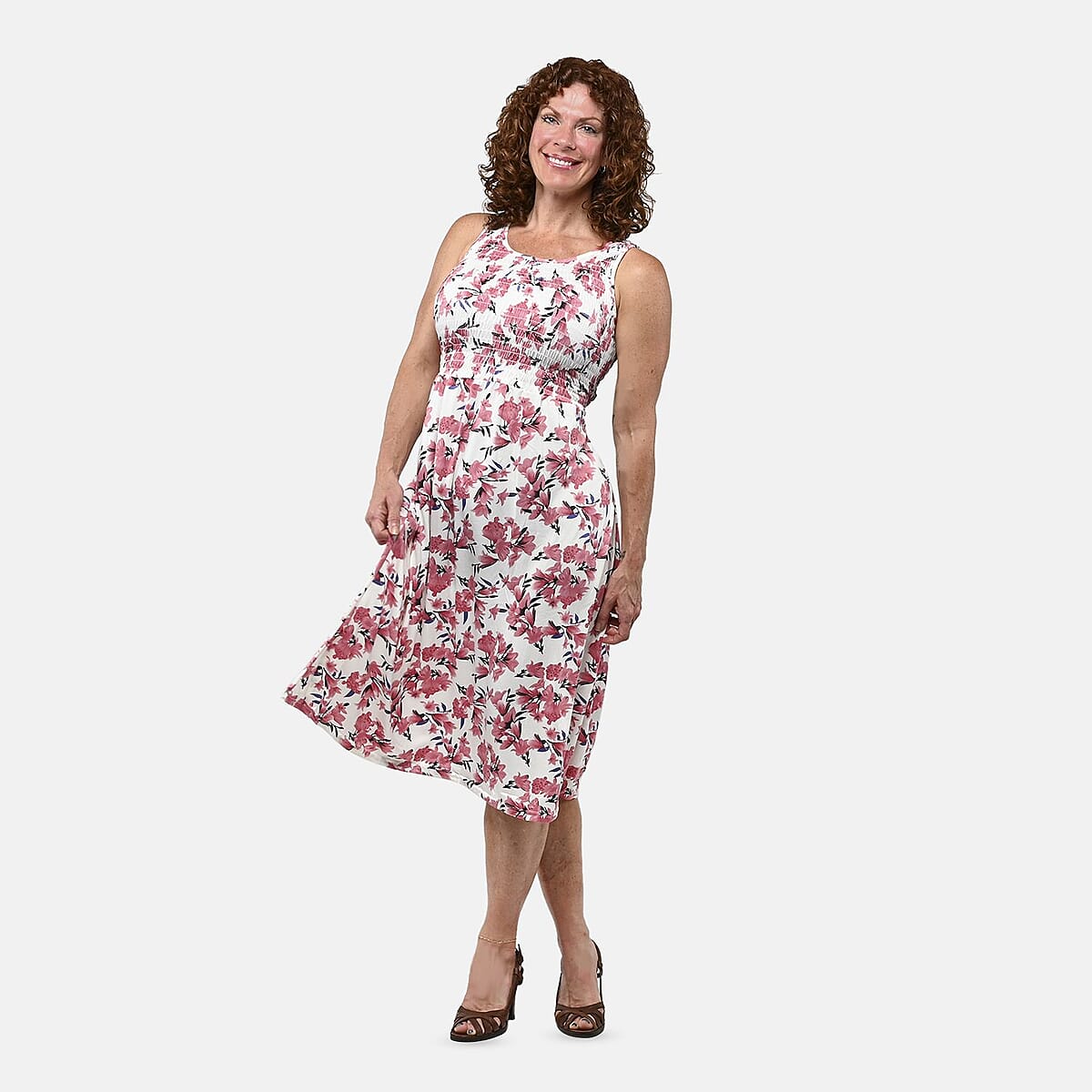 Pink Floral Smocked Sleeveless Double Knit Dress with Waist Tie - One Size Fits Most image number 0