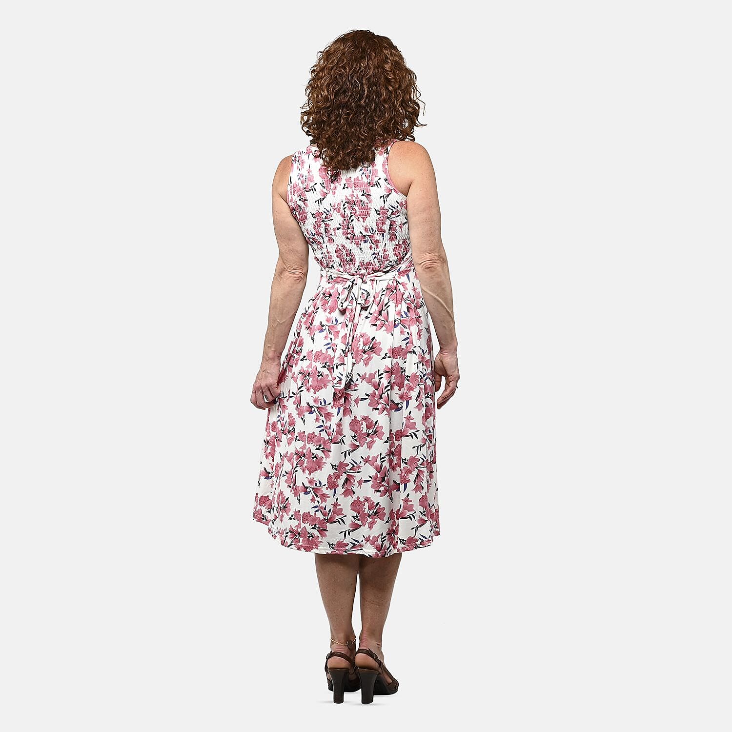 Pink Floral Smocked Sleeveless Double Knit Dress with Waist Tie - One Size Fits Most