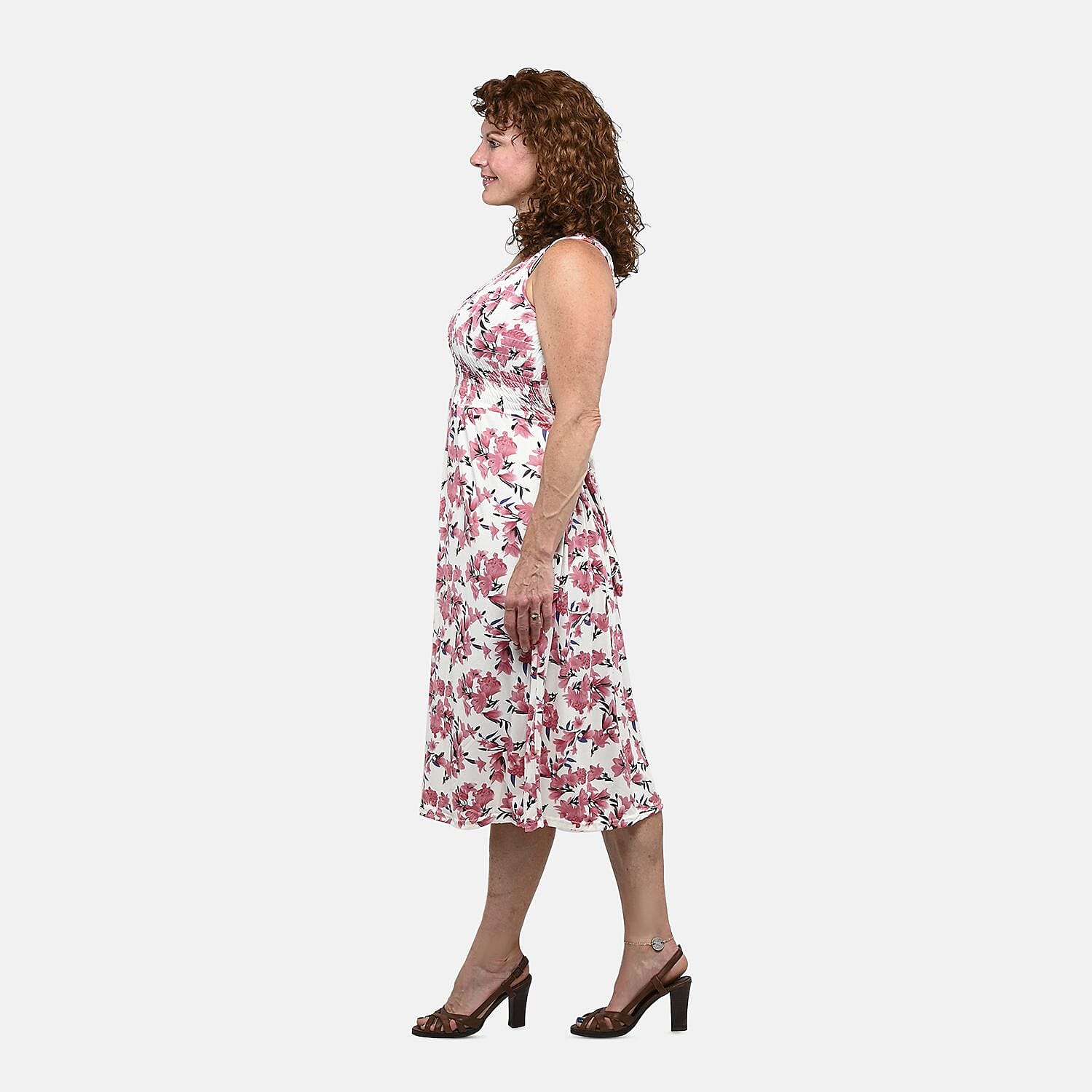 Pink Floral Smocked Sleeveless Double Knit Dress with Waist Tie - One Size Fits Most