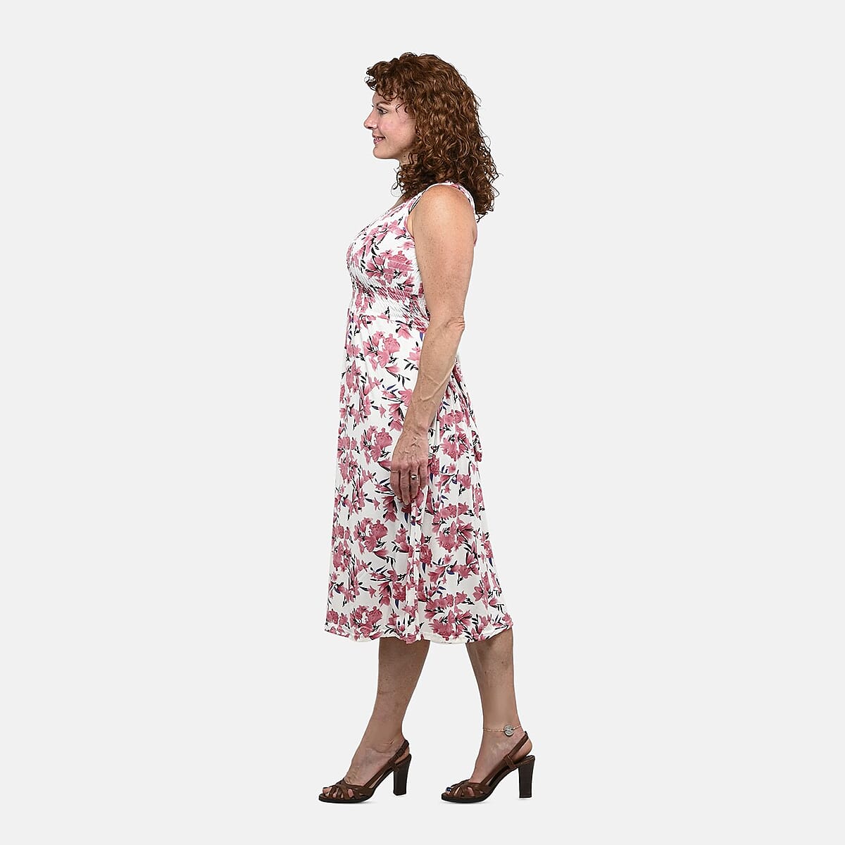 Pink Floral Smocked Sleeveless Double Knit Dress with Waist Tie - One Size Fits Most image number 2
