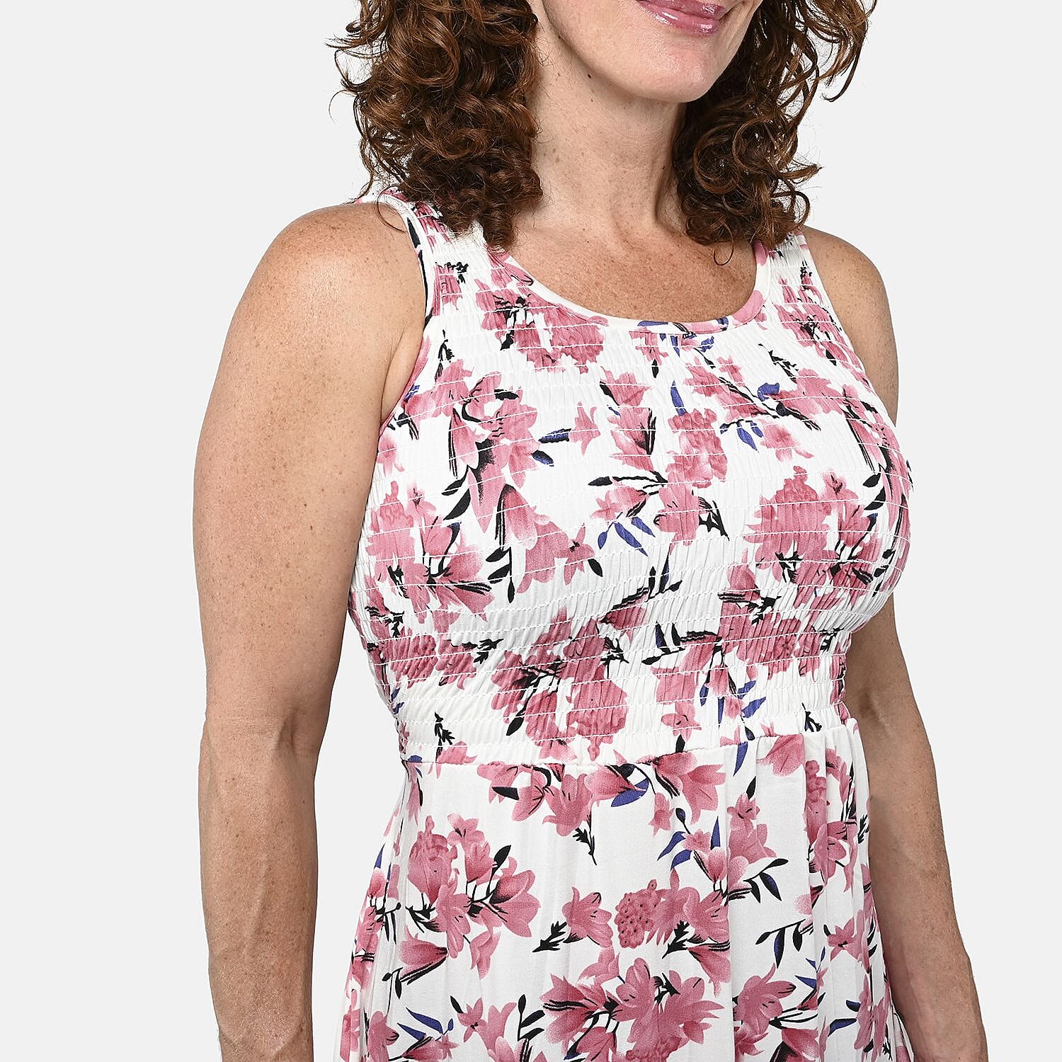 Pink Floral Smocked Sleeveless Double Knit Dress with Waist Tie - One Size Fits Most