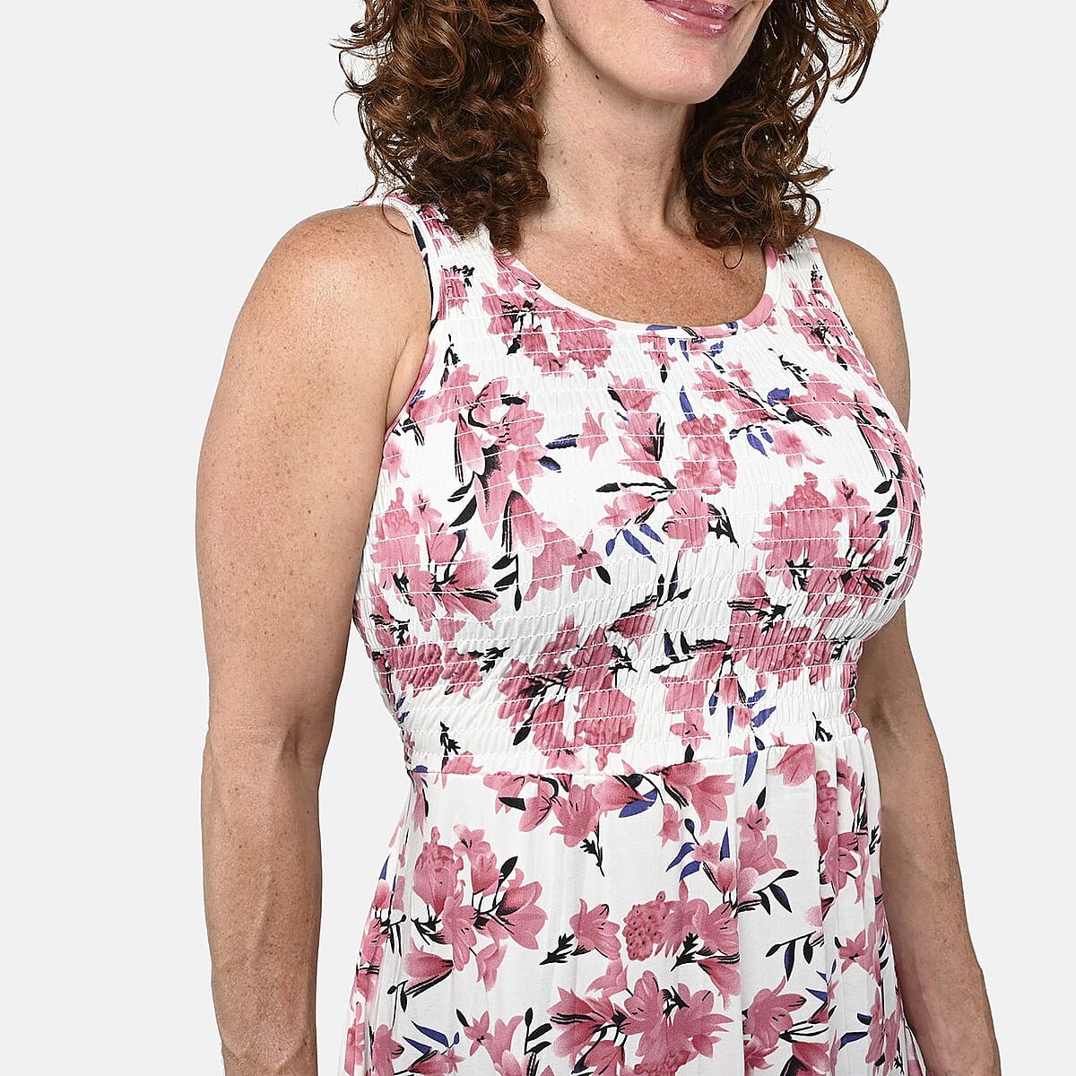 Pink Floral Smocked Sleeveless Double Knit Dress with Waist Tie - One Size Fits Most image number 3