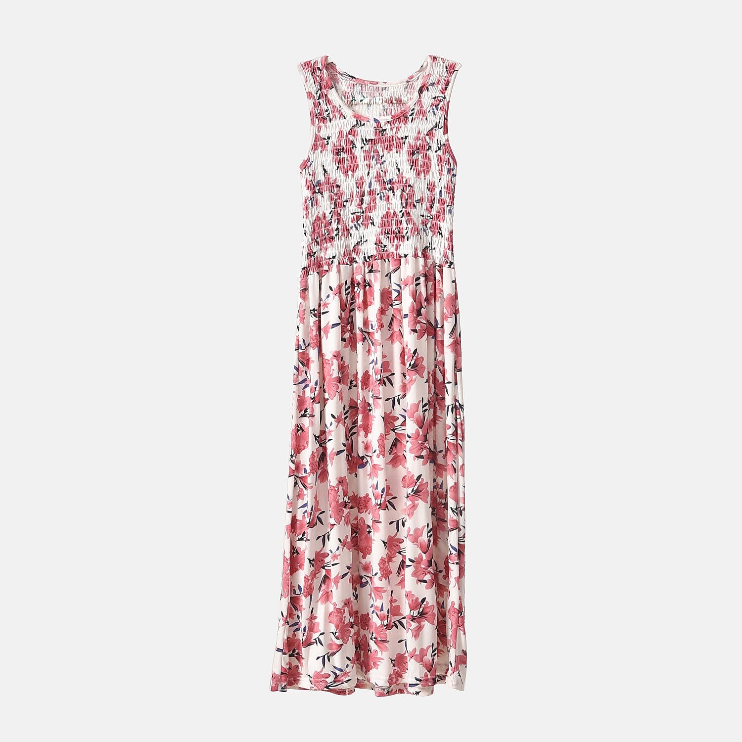 Pink Floral Smocked Sleeveless Double Knit Dress with Waist Tie - One Size Fits Most
