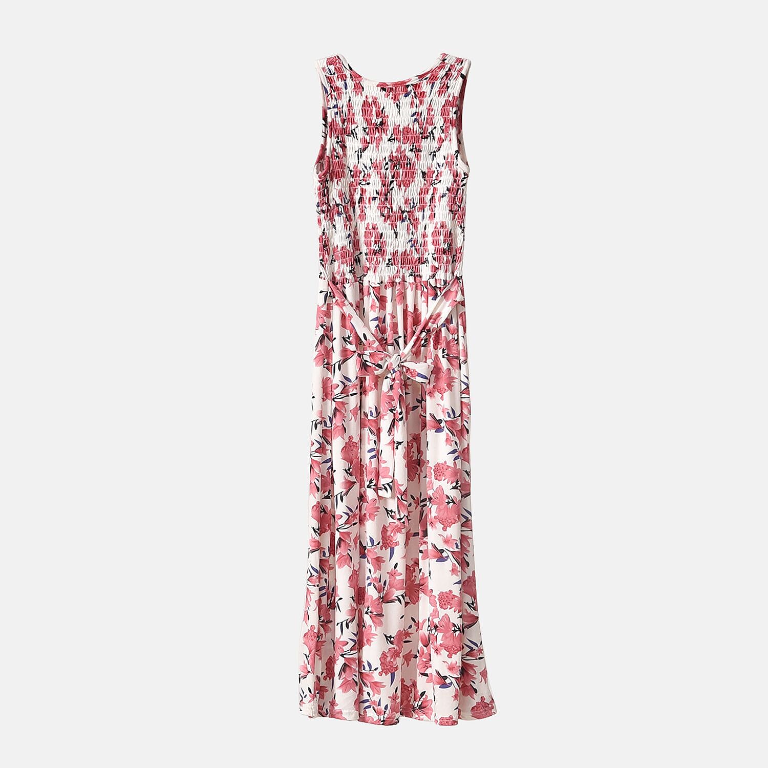 Pink Floral Smocked Sleeveless Double Knit Dress with Waist Tie - One Size Fits Most