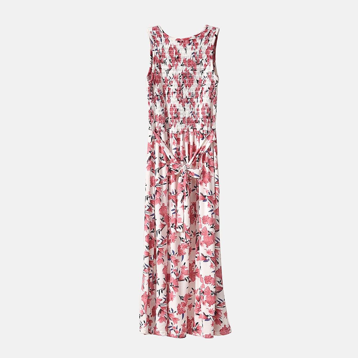 Pink Floral Smocked Sleeveless Double Knit Dress with Waist Tie - One Size Fits Most image number 5
