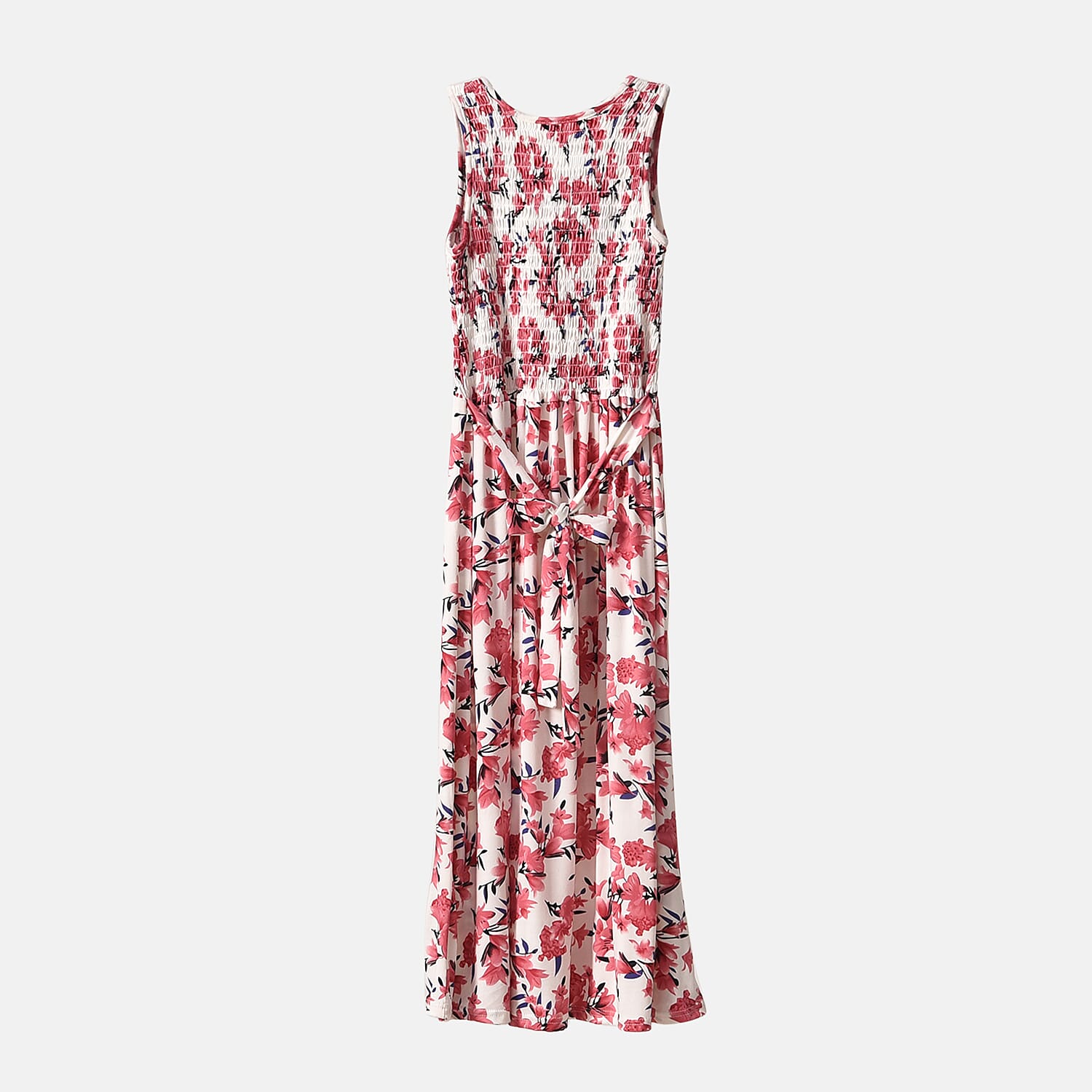 Pink Floral Smocked Sleeveless Double Knit Dress with Waist Tie - One Size Fits Most