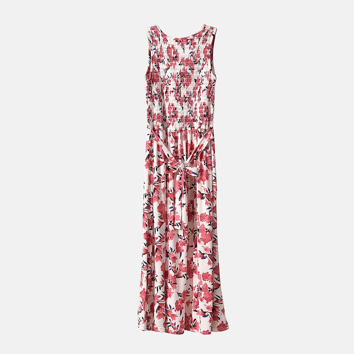 Pink Floral Smocked Sleeveless Double Knit Dress with Waist Tie - One Size Fits Most image number 7