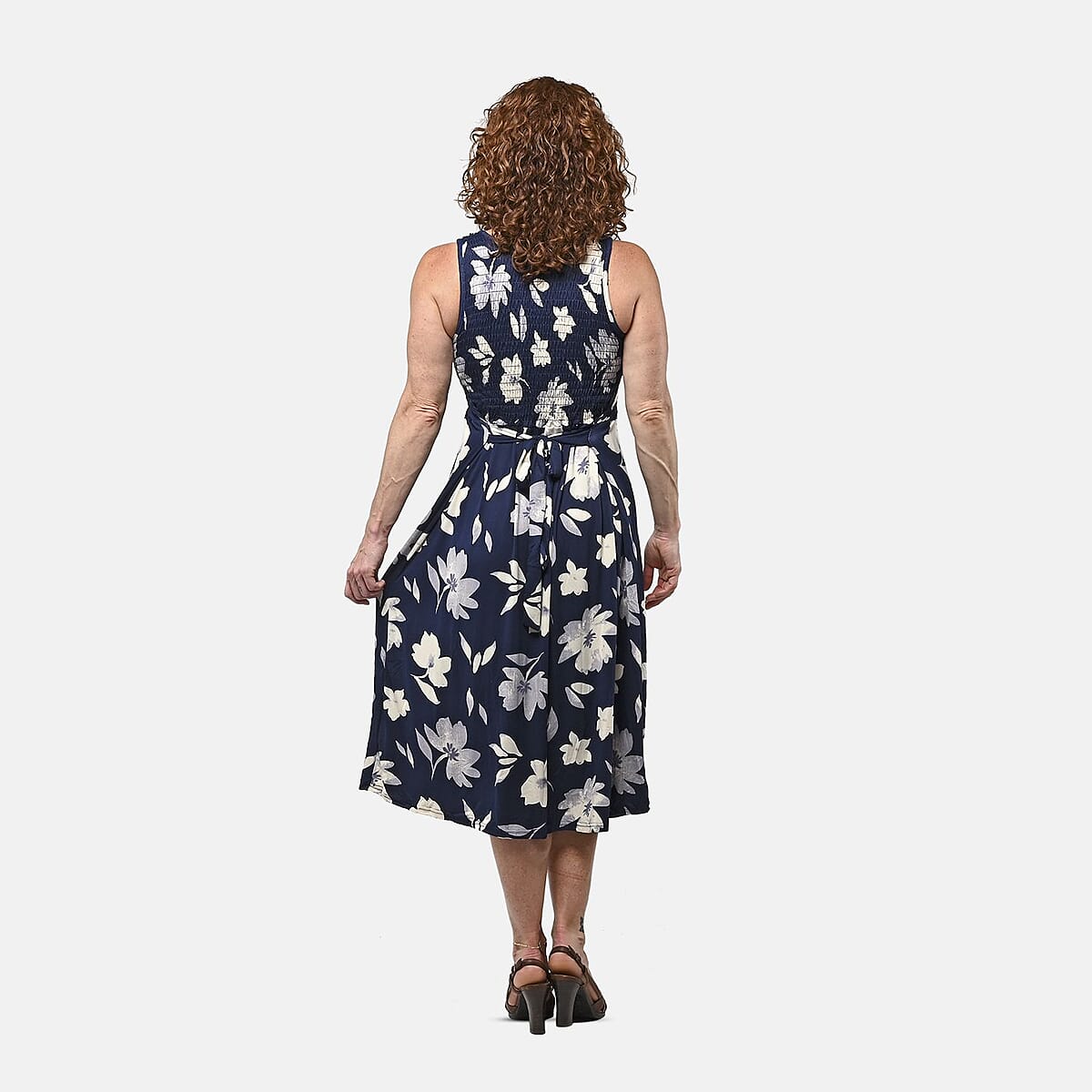 Navy and Purple Floral Smocked Sleeveless Double Knit Dress with Waist Tie - One Size Fits Most image number 1