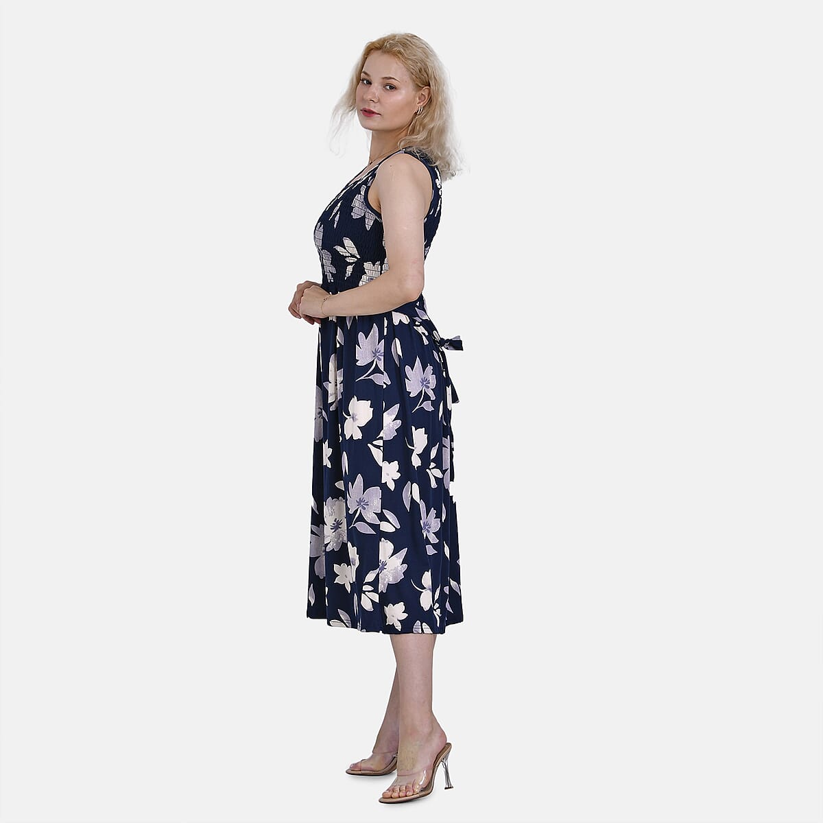 Navy and Purple Floral Smocked Sleeveless Double Knit Dress with Waist Tie - One Size Fits Most image number 2