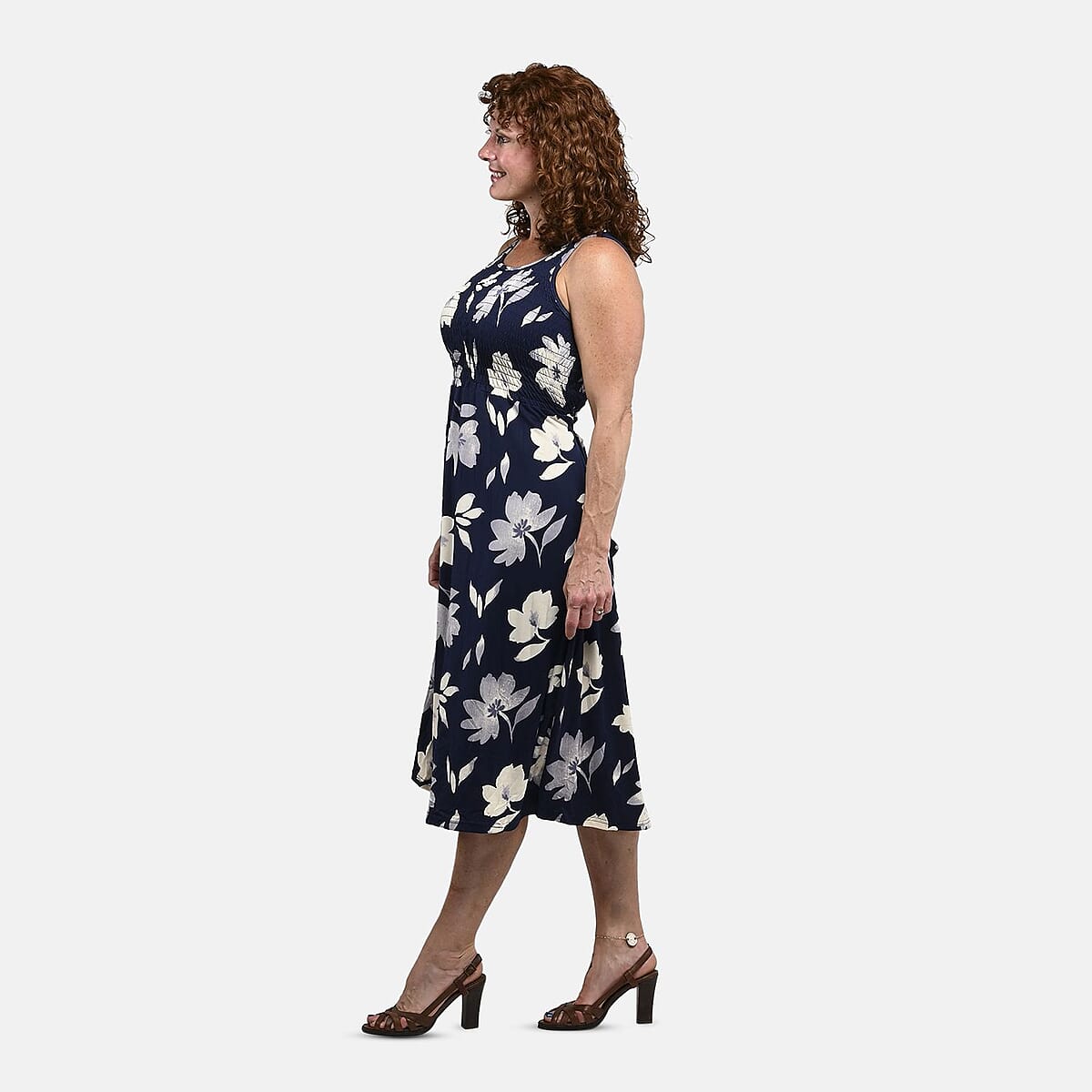 Navy and Purple Floral Smocked Sleeveless Double Knit Dress with Waist Tie - One Size Fits Most image number 3