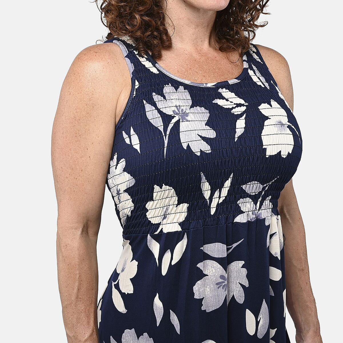 Navy and Purple Floral Smocked Sleeveless Double Knit Dress with Waist Tie - One Size Fits Most image number 4