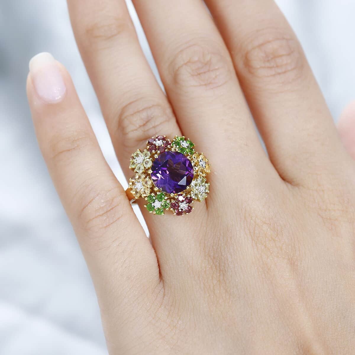 Moroccan Amethyst and Multi Gemstone Floral Ring in Vermeil Yellow Gold Over Sterling Silver (Size 10.0) 5.25 ctw image number 2