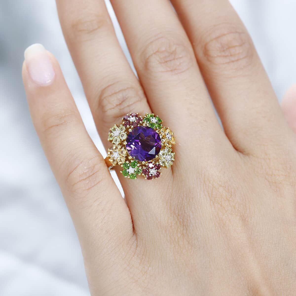 Moroccan Amethyst and Multi Gemstone Floral Ring in Vermeil Yellow Gold Over Sterling Silver (Size 6.0) 5.25 ctw image number 2