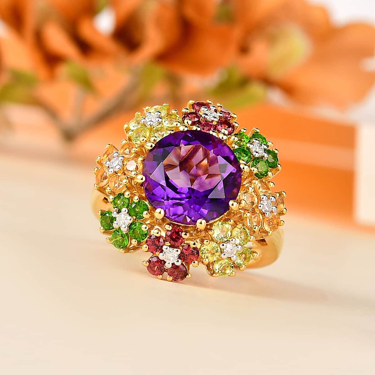 Moroccan Amethyst and Multi Gemstone Floral Ring in Vermeil Yellow Gold Over Sterling Silver (Size 9.0) 5.25 ctw image number 1