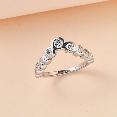 Moissanite Wishbone Ring in Platinum Over Sterling Silver (Size 6.0) 0.80 ctw