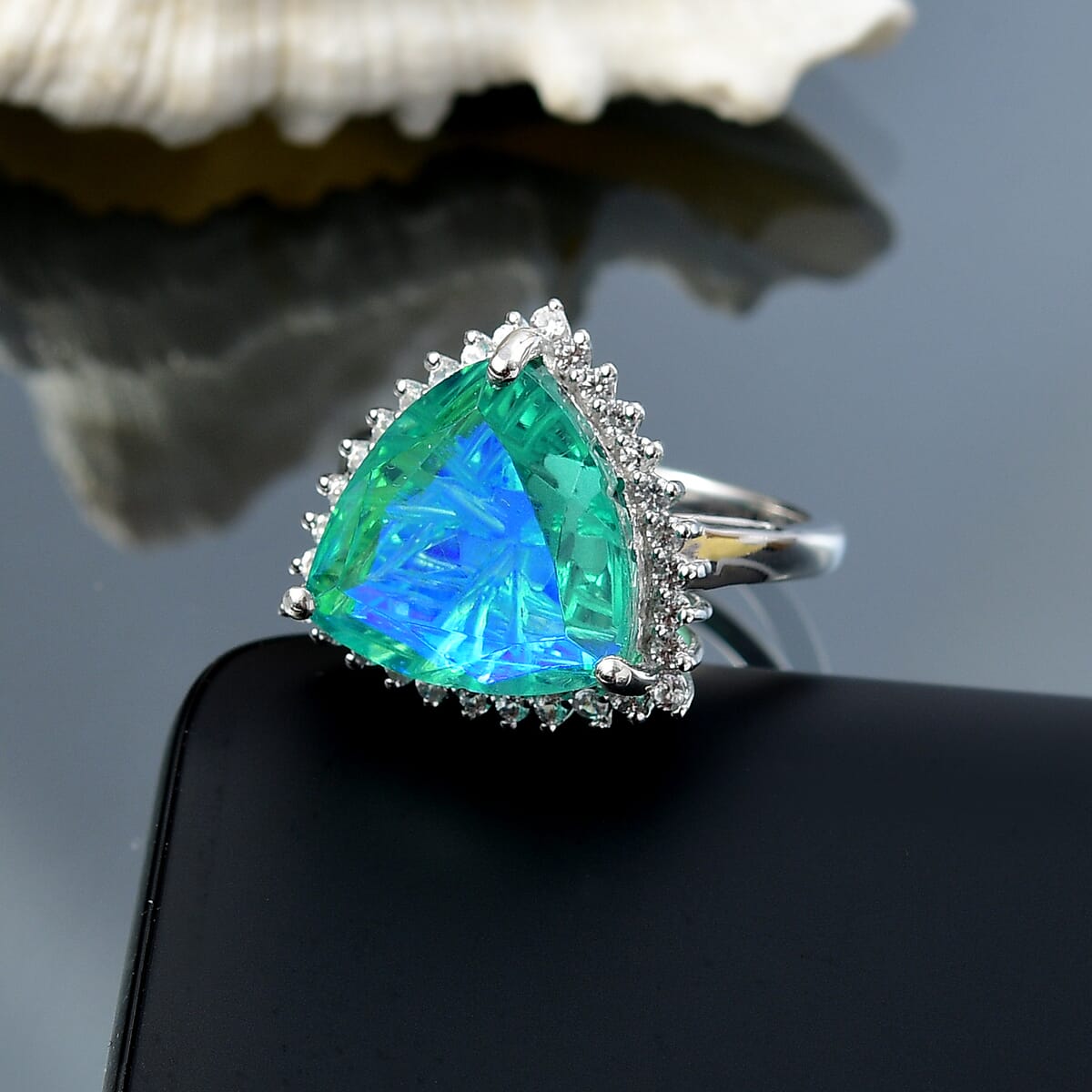 Peacock Quartz and White Zircon 11.00 ctw Ring in Platinum Over Sterling Silver (Size 6.0)  image number 1