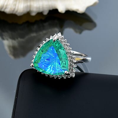 D'Joy Peacock Quartz and White Zircon 11.00 ctw Ring in Platinum Over Sterling Silver (Size 6.0) 
