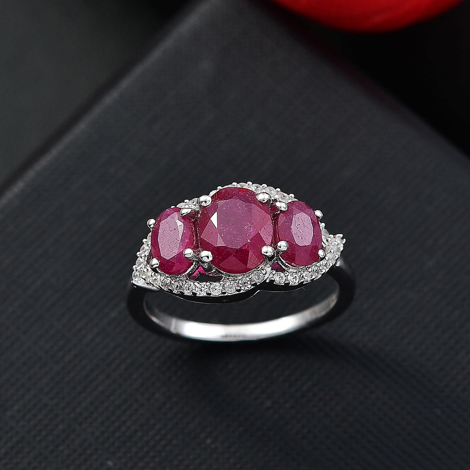 D'Joy Niassa Ruby (FF) and White Zircon 3.30 ctw Ring in Platinum Over Sterling Silver (Size 6.0)