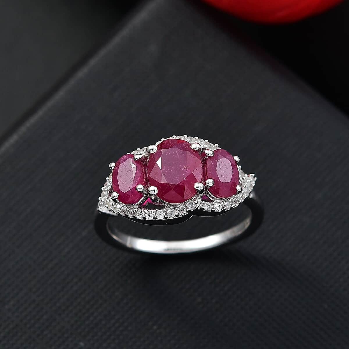 Niassa Ruby (FF) and White Zircon 3.30 ctw Ring in Platinum Over Sterling Silver (Size 6.0) image number 1