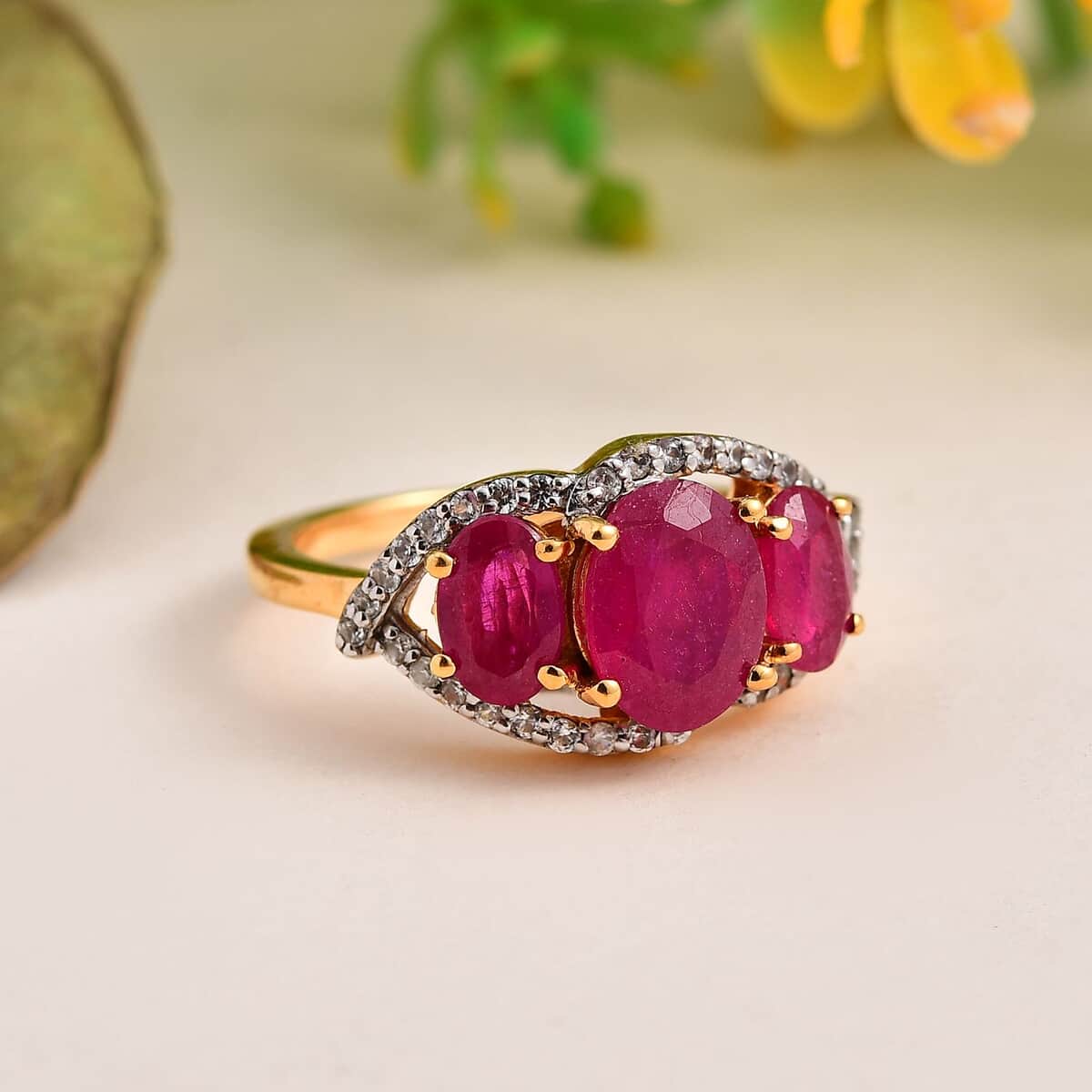 Niassa Ruby (FF) and White Zircon Ring in Vermeil Yellow Gold Over Sterling Silver (Size 6.0) 3.60 ctw image number 1