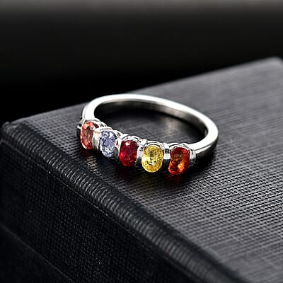 Multi Sapphire 1.35 ctw 5 Stone Ring in Platinum Over Sterling Silver (Size 6.0)