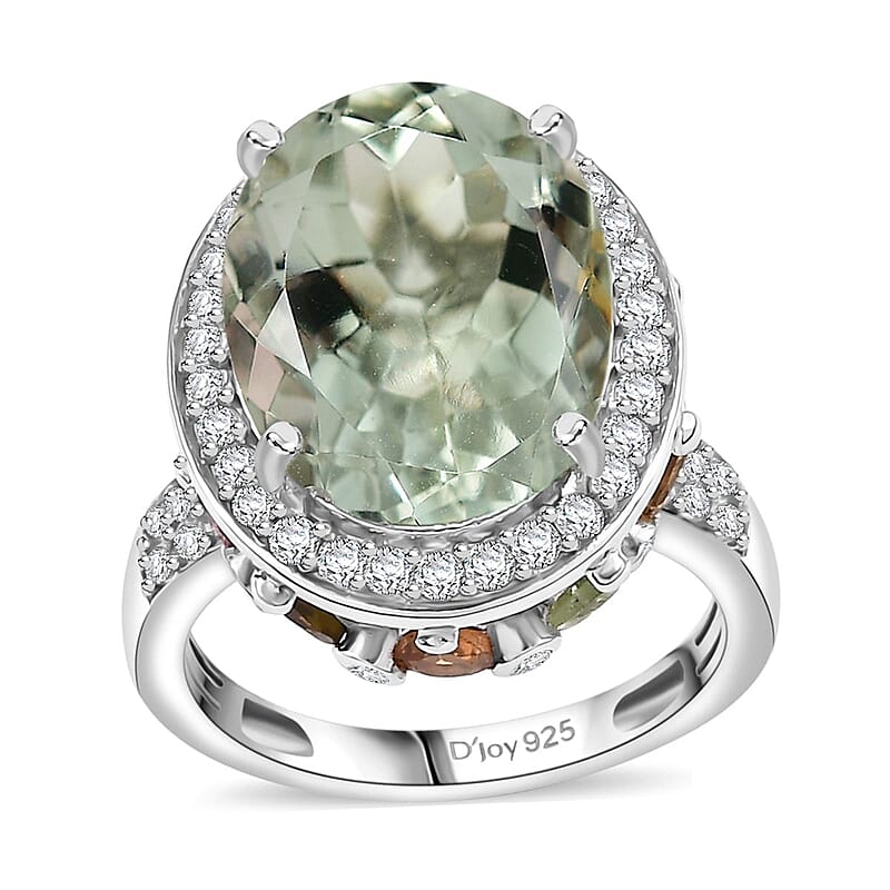 D'Joy Montezuma Prasiolite and Multi Gemstone 11.00 ctw Halo Ring in Platinum Over Sterling Silver (Size 6.0)
