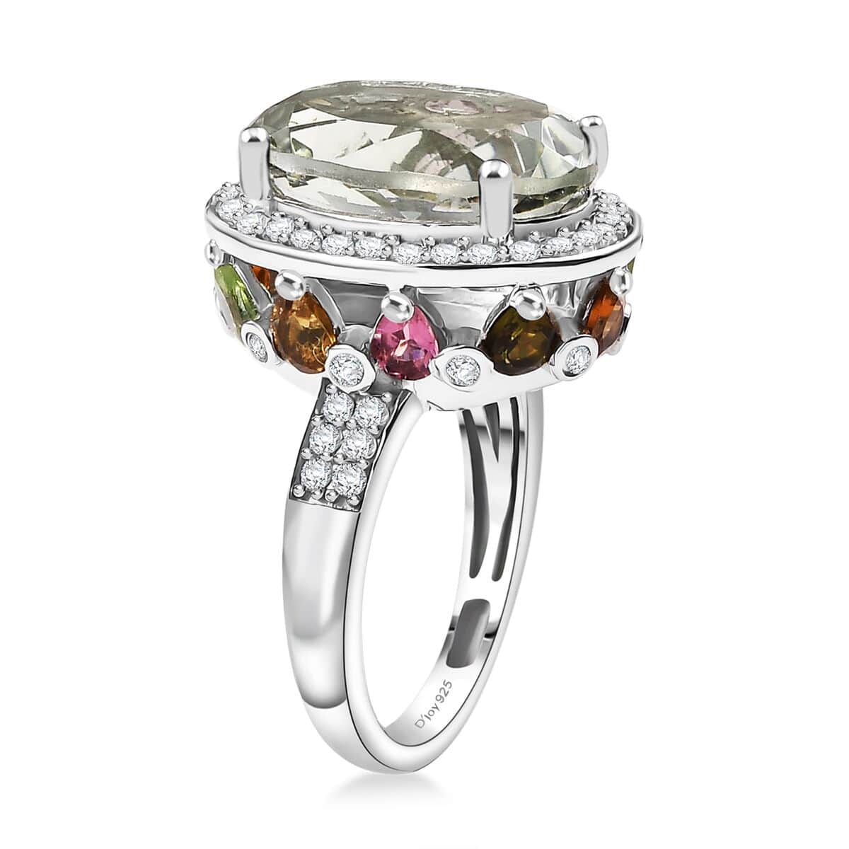 Montezuma Prasiolite and Multi Gemstone 11.00 ctw Halo Ring in Platinum Over Sterling Silver (Size 6.0) image number 3