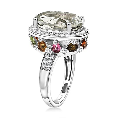 D'Joy Montezuma Prasiolite and Multi Gemstone 11.00 ctw Halo Ring in Platinum Over Sterling Silver (Size 6.0)