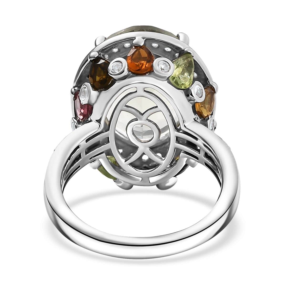 Montezuma Prasiolite and Multi Gemstone 11.00 ctw Halo Ring in Platinum Over Sterling Silver (Size 6.0) image number 4