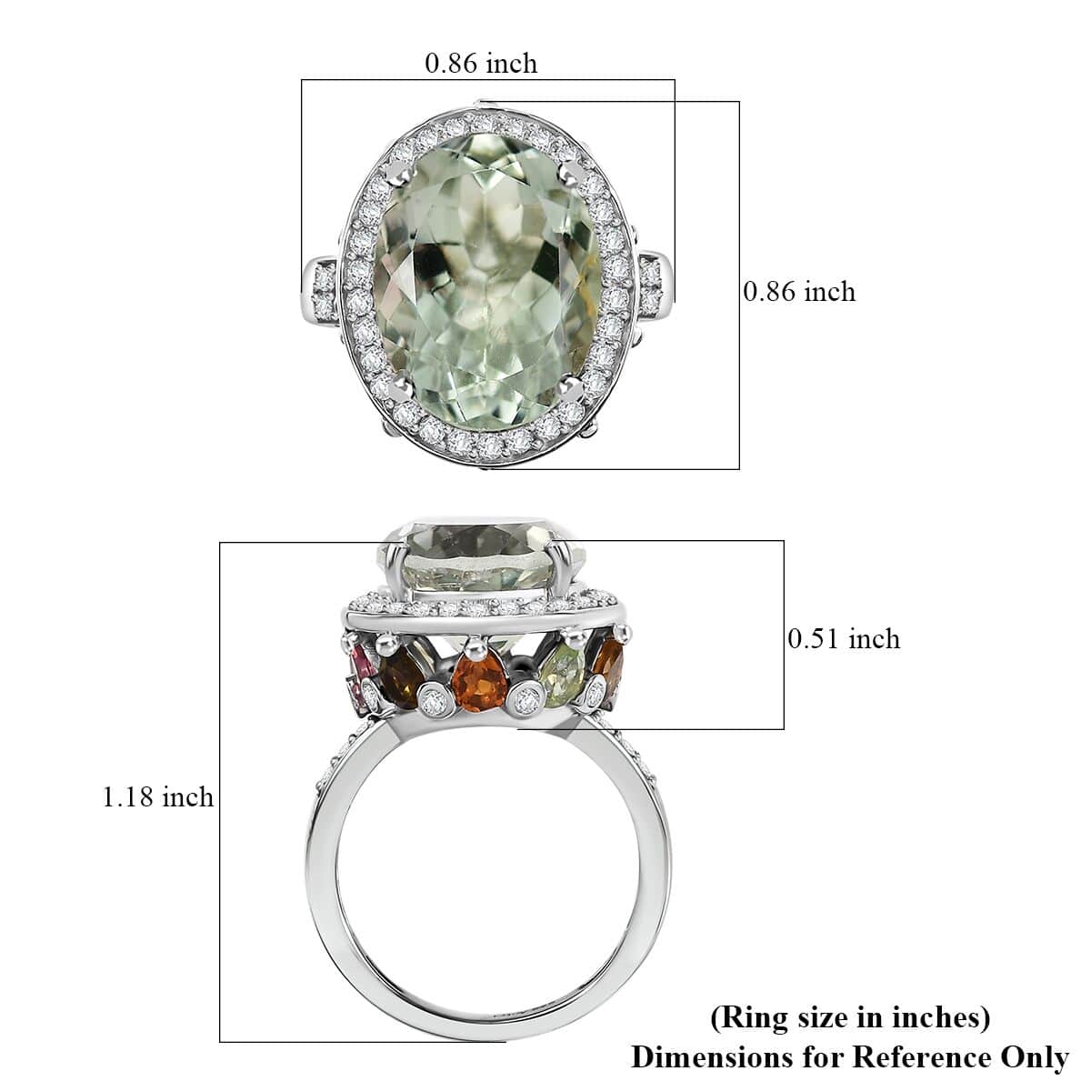 Montezuma Prasiolite and Multi Gemstone 11.00 ctw Halo Ring in Platinum Over Sterling Silver (Size 6.0) image number 5