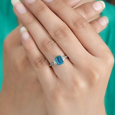 Peacock Quartz (Triplet) and White Zircon 1.85 ctw Ring in Platinum Over Sterling Silver (Size 5.0)