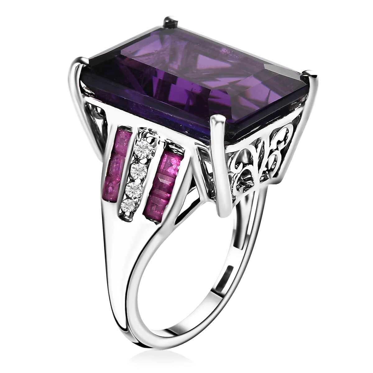 African Amethyst and Multi Gemstone Ring in Platinum Over Sterling Silver (Size 6.0) 17.35 ctw image number 3
