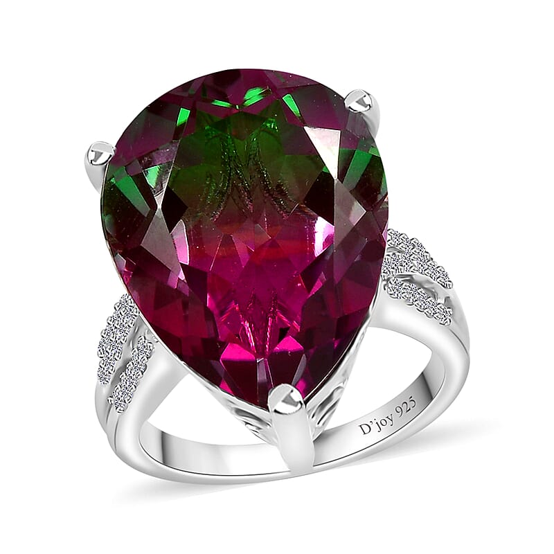 Watermelon Quartz (Triplet) and White Zircon Ring in Platinum Over Sterling Silver (Size 6.0) 16.85 ctw