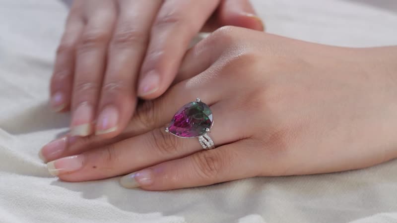 Watermelon Quartz, White Zircon Ring in Sterling Silver