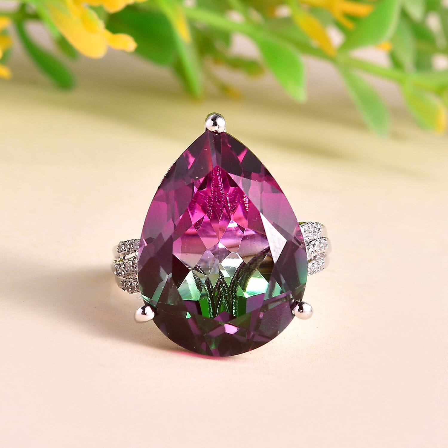 Watermelon Quartz (Triplet) and White Zircon Ring in Platinum Over Sterling Silver (Size 6.0) 16.85 ctw