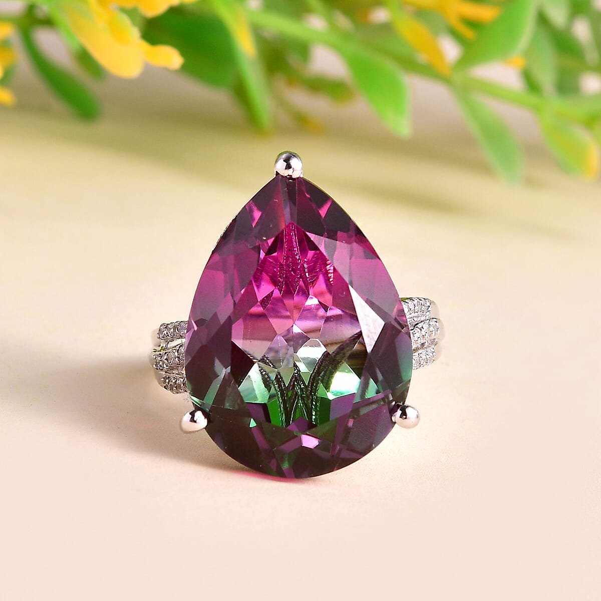 Watermelon Quartz (Triplet) and White Zircon Ring in Platinum Over Sterling Silver (Size 6.0) 16.85 ctw image number 1