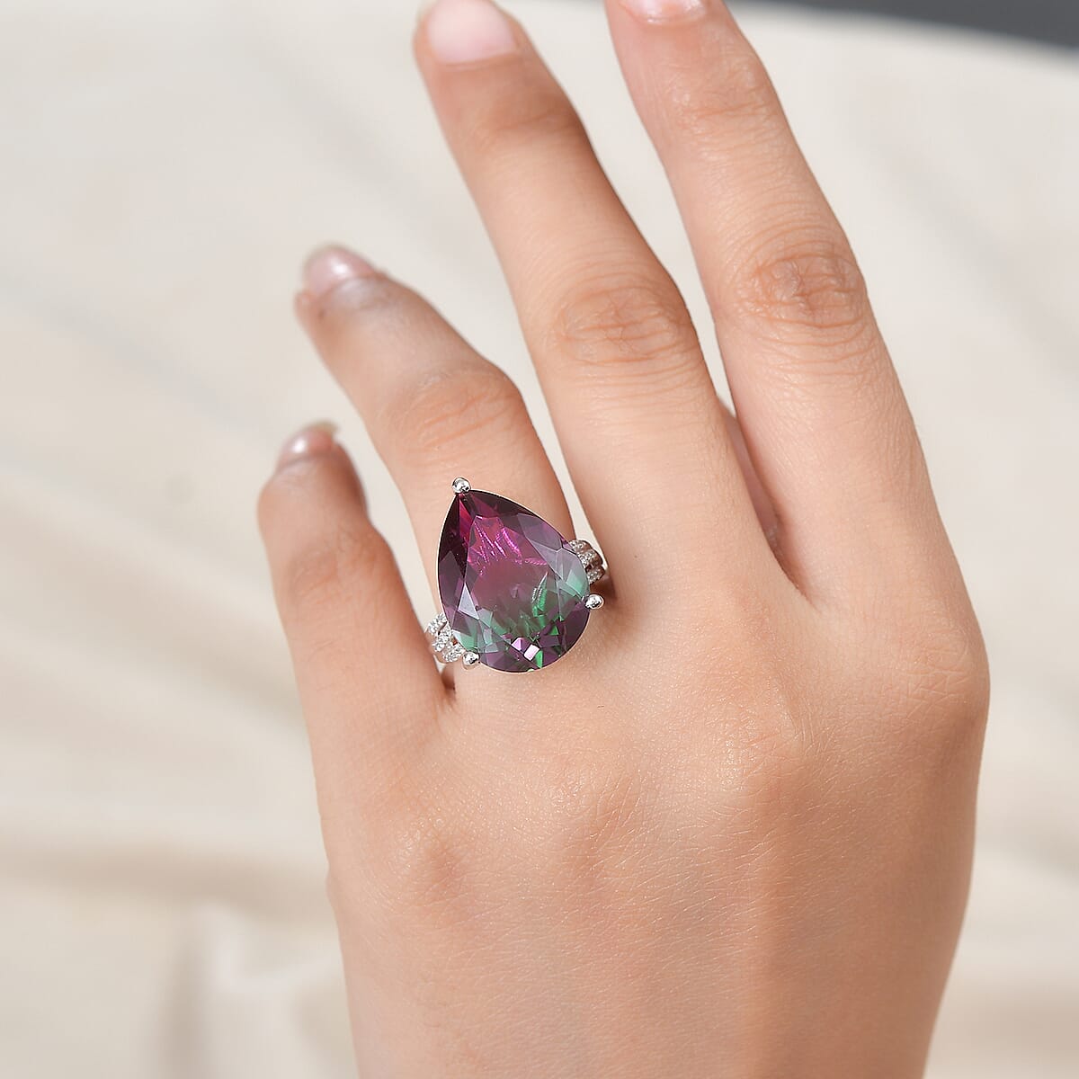 Watermelon Quartz (Triplet) and White Zircon Ring in Platinum Over Sterling Silver (Size 6.0) 16.85 ctw image number 2