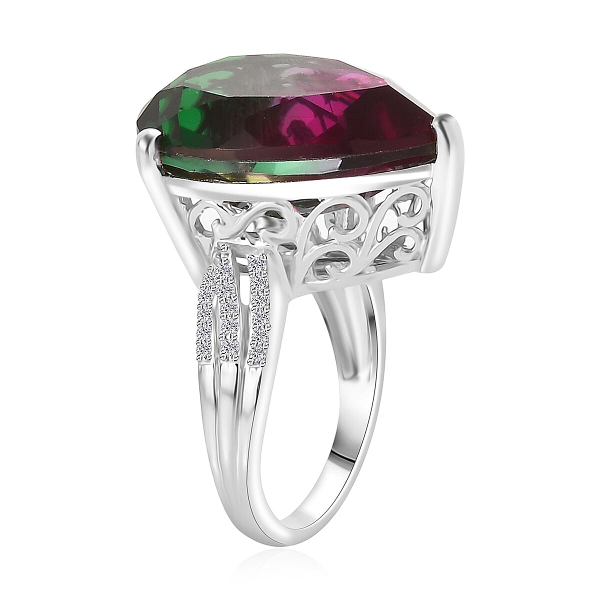 Watermelon Quartz (Triplet) and White Zircon Ring in Platinum Over Sterling Silver (Size 6.0) 16.85 ctw image number 3