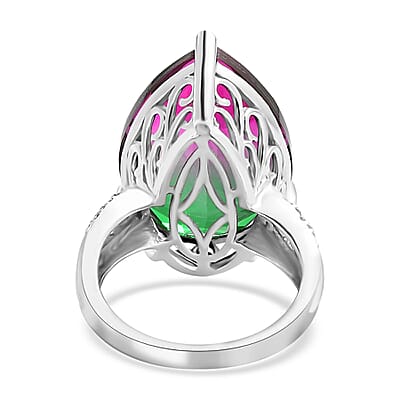 Watermelon Quartz (Triplet) and White Zircon Ring in Platinum Over Sterling Silver (Size 6.0) 16.85 ctw