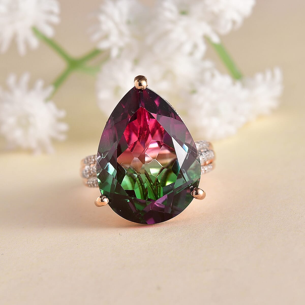 Watermelon Quartz (Triplet) and White Zircon Ring in Vermeil Rose Gold Over Sterling Silver (Size 7.0) 16.85 ctw image number 1