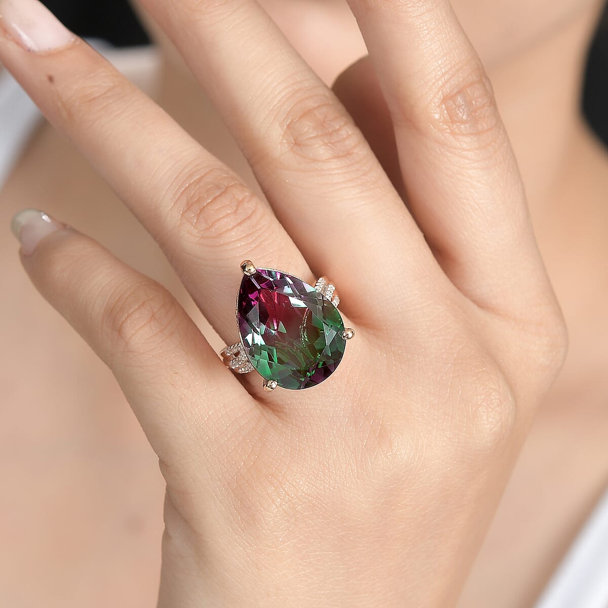Watermelon Quartz (Triplet) and White Zircon Ring in Vermeil Rose Gold Over Sterling Silver (Size 7.0) 16.85 ctw image number 2