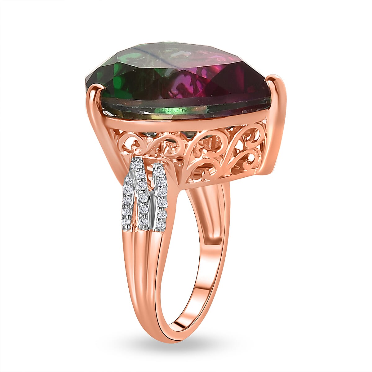 Watermelon Quartz (Triplet) and White Zircon Ring in Vermeil Rose Gold Over Sterling Silver (Size 7.0) 16.85 ctw image number 3