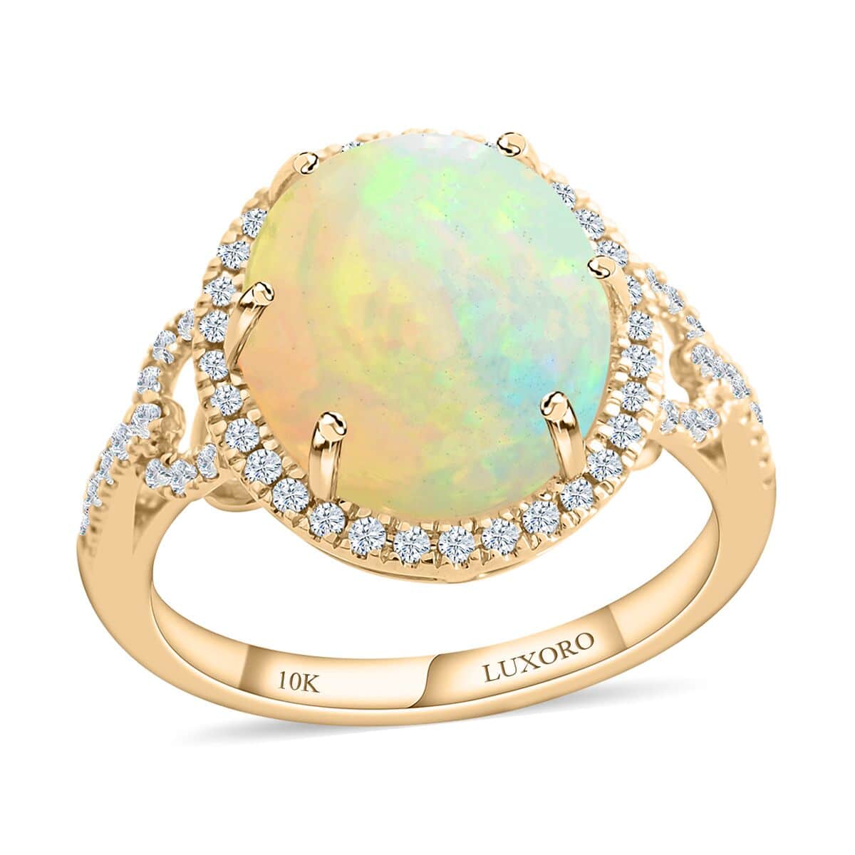 Certified & Appraised Luxoro 14K Yellow Gold AAA Ethiopian Welo Opal and Diamond Ring (Size 7.0) 4.60 Grams 11.60 ctw image number 0